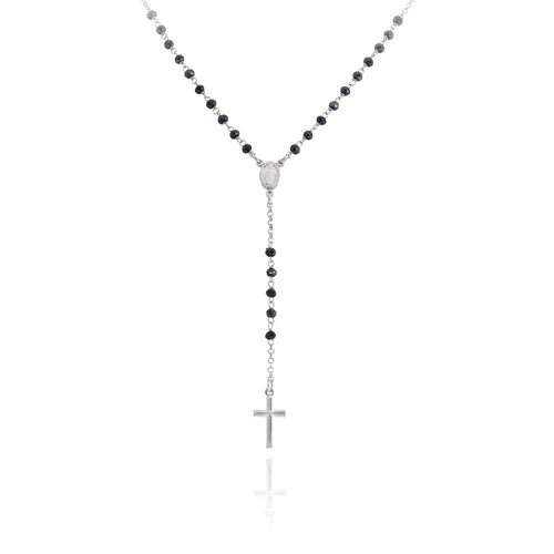 Silver Classic Rosary Necklace w/ Grey crystals 18-inch