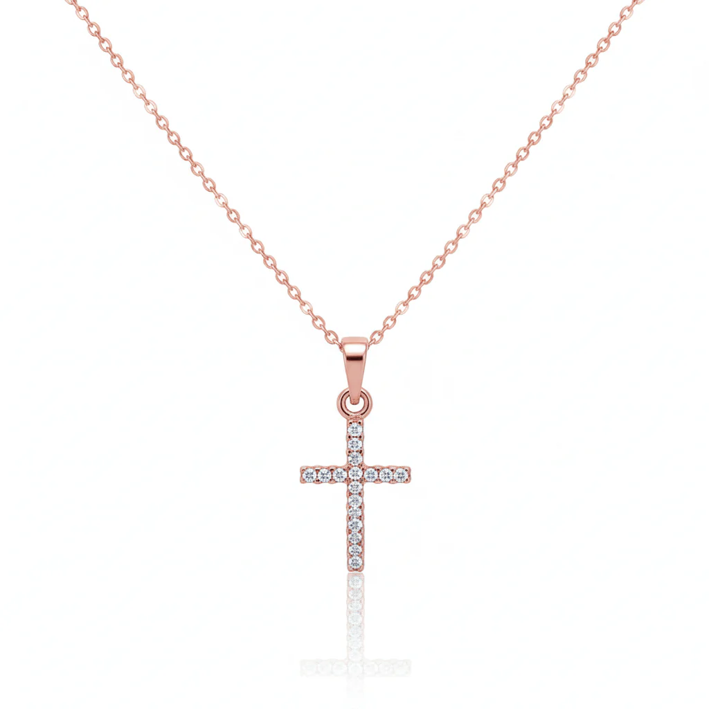 Rose Gold Vermeil Clear CZ Cross Necklace 18-inch