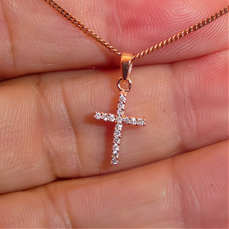 Rose Gold Vermeil Clear CZ Cross Necklace 18-inch - Image 3