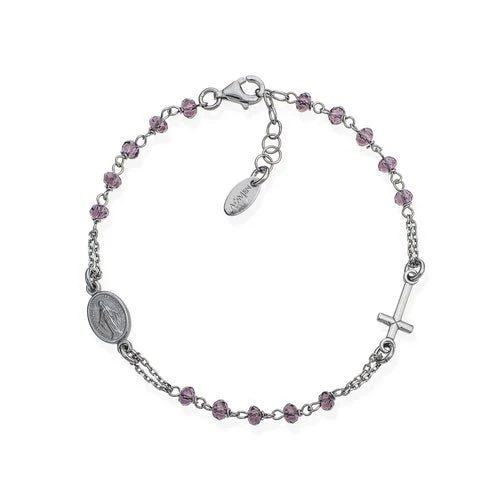 Silver Rosary bracelet w/ Purple Crystals 7.5