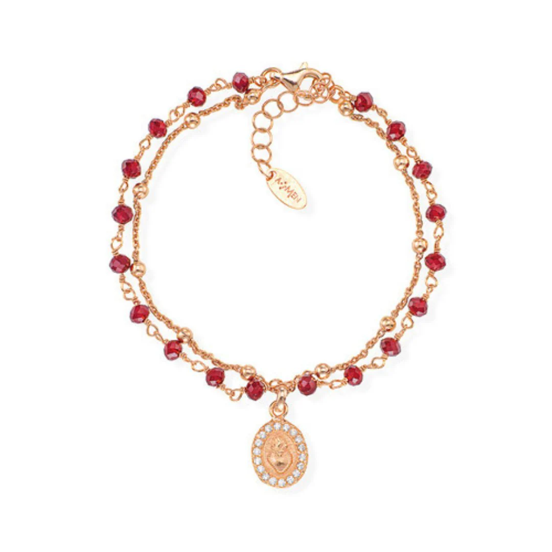 Rose Gold Vermeil Heart Double Bracelet w/ Red Zircons 7.5