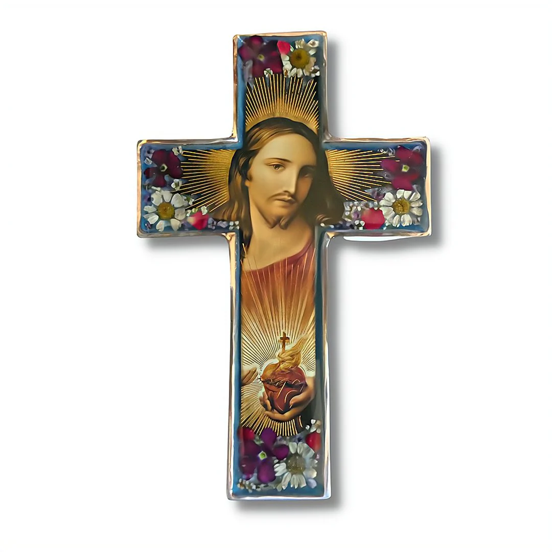 Sacred Heart of Jesus Medium Wall Cross w/ Pressed Flowers 6.5"