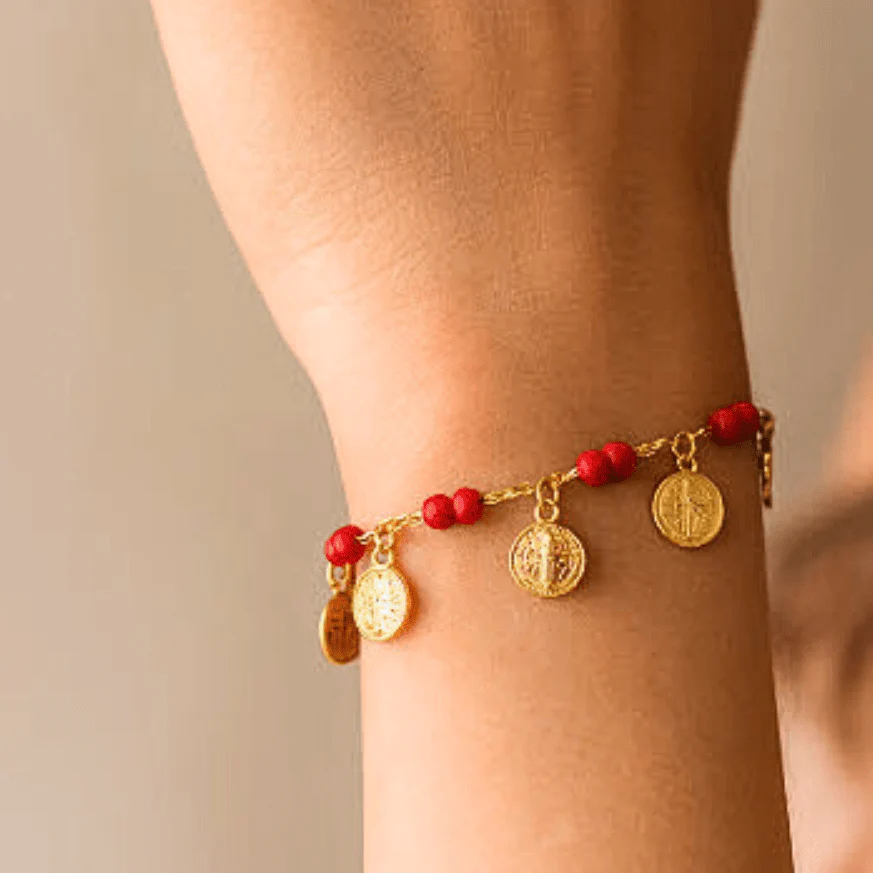 Gold-Plated Red Bead Coin St Benedict Bracelet 8" - Image 3