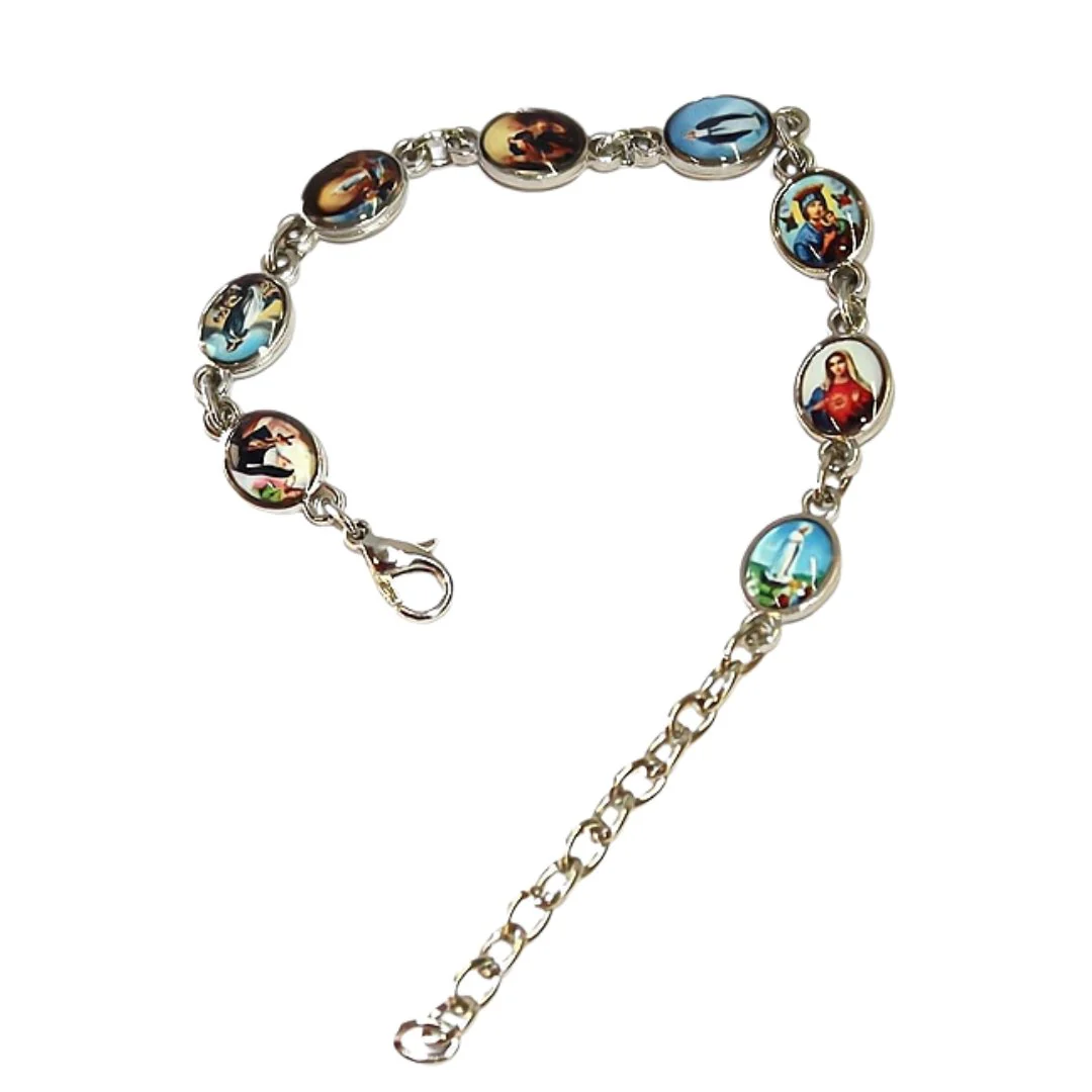 Silver-Plated Saints Charms Chain Bracelet 7.5