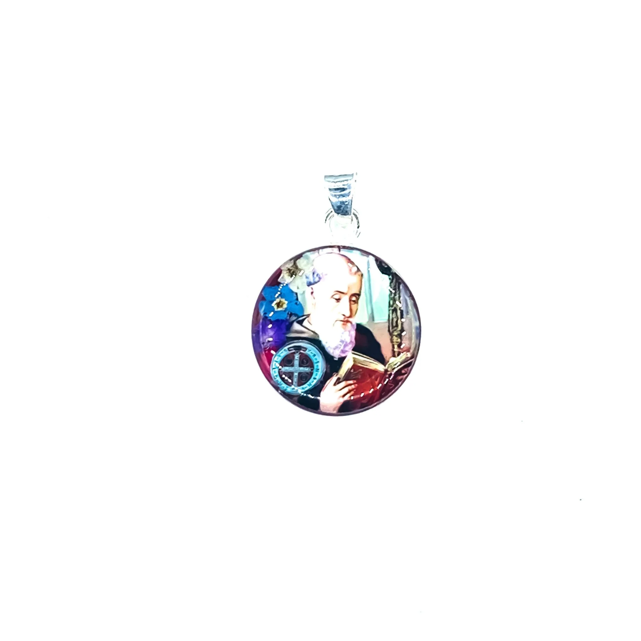 Saint Benedict Medal Small Round Pendant w/ Pressed Flowers 18-inch - Image 2