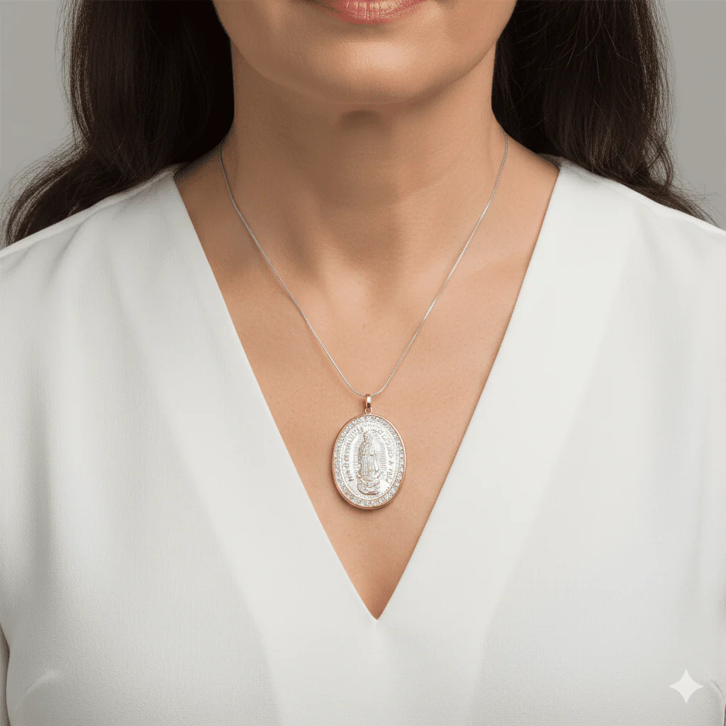 Sterling Silver Our Lady of Guadalupe Medal with 14k Gold Bezel — 1.2” × 1” - Image 3