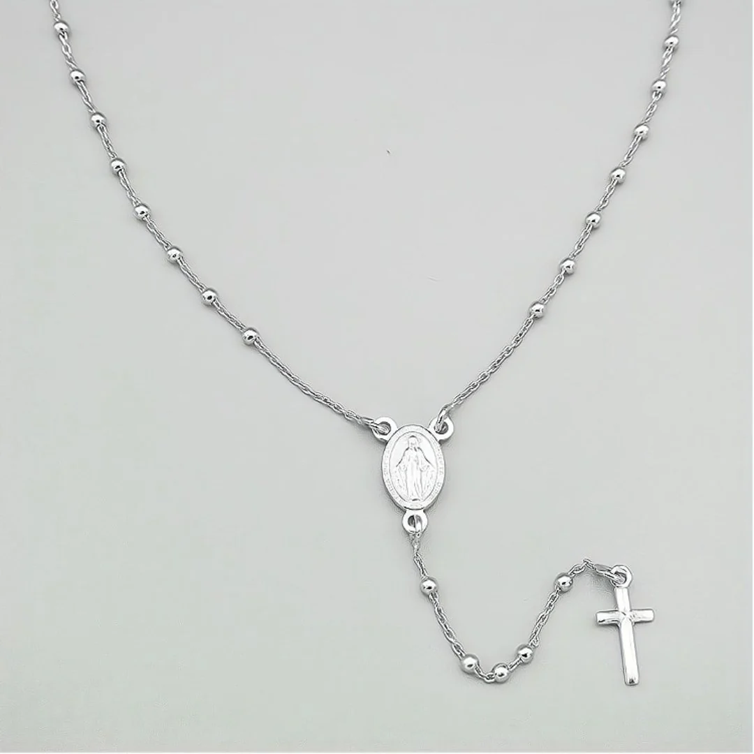 Silver Miraculous Medal Rosary Necklace 18-inch - Image 3