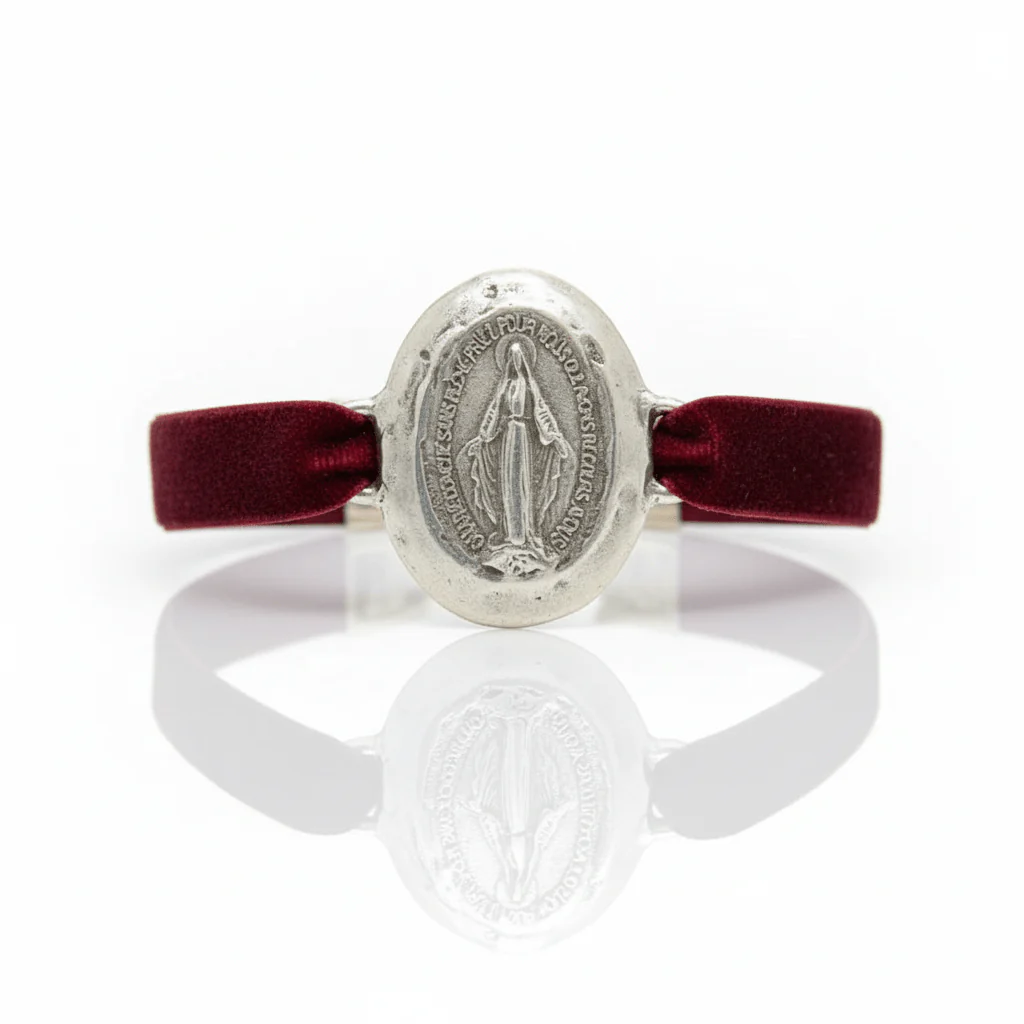 Silver-Plated Miraculous Medal Velvet Bracelet 7.5-inch