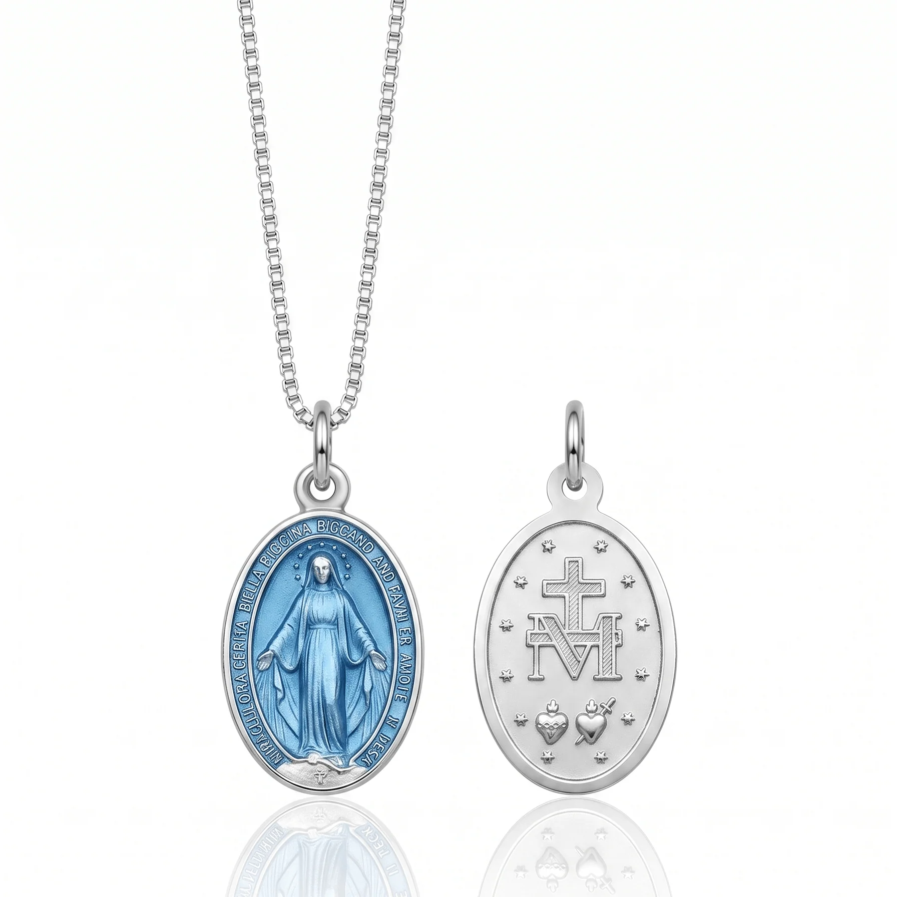 Silver-Plated Miraculous Medal Necklace Light Blue 18" | Made in Italy