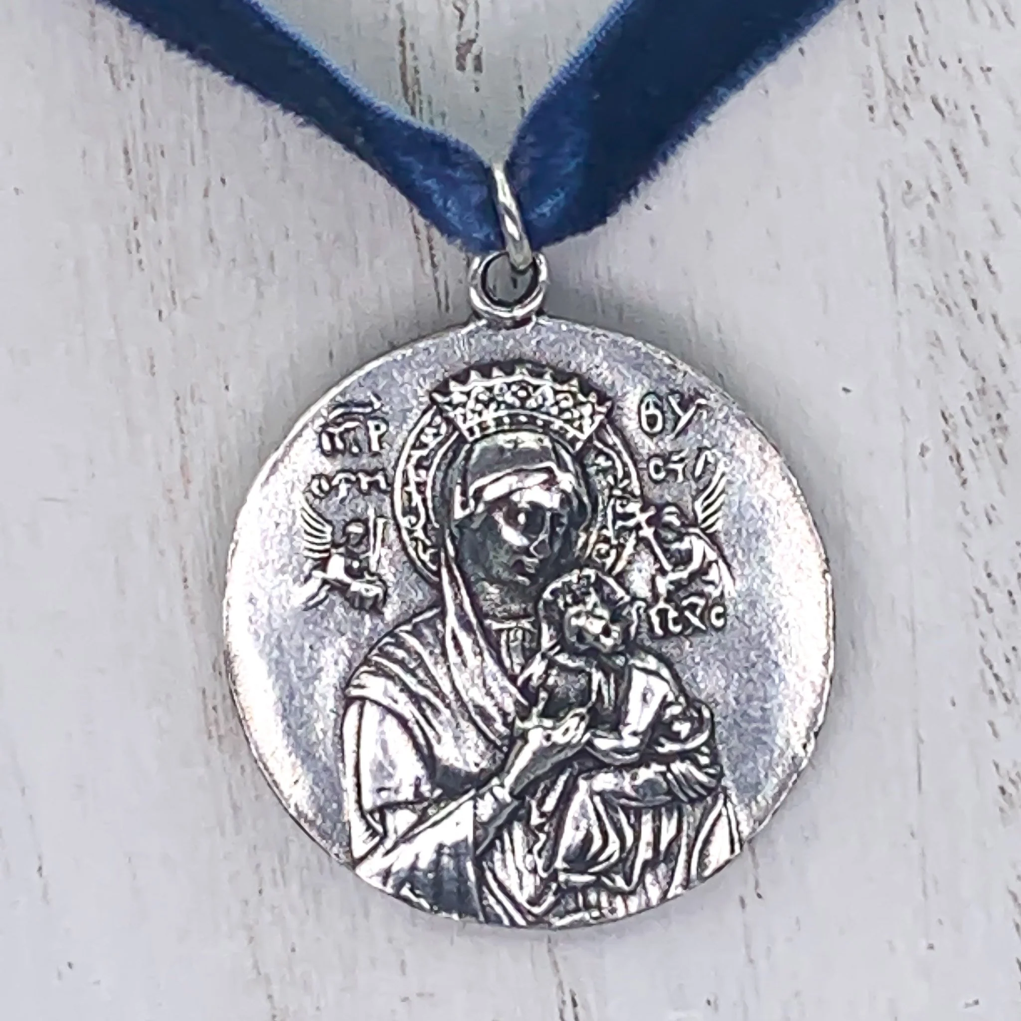 Silver-Plated Our Lady of Perpetual Help Velvet Necklace 18-inch - Image 2
