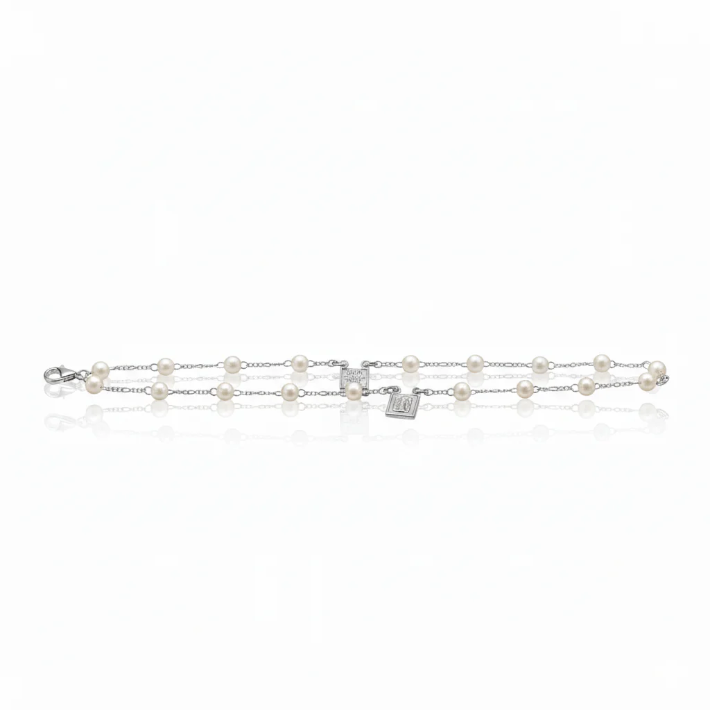Silver-Plated Pearl Scapular Bracelet — Double Chain | Our Lady of Mount Carmel (7") - Image 3