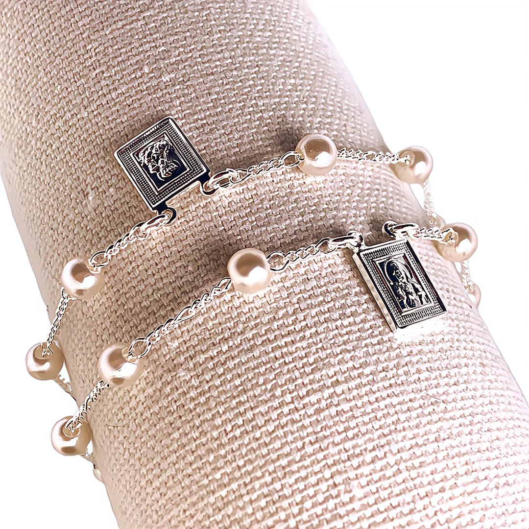 Silver-Plated Pearl Scapular Bracelet — Double Chain | Our Lady of Mount Carmel (7") - Image 4