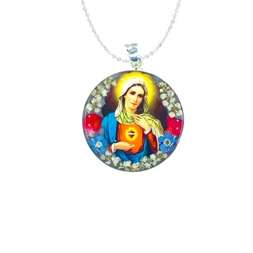 Immaculate Heart of Mary Medium Round Pendant w/ Pressed Flowers 18-inch