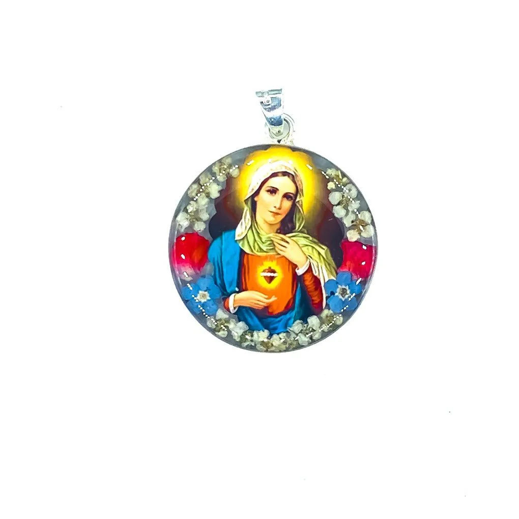 Immaculate Heart of Mary Medium Round Pendant w/ Pressed Flowers 18-inch - Image 2
