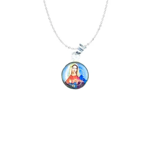 Immaculate Heart of Mary Mini Round Pendant w/ Pressed Flowers 18-inch