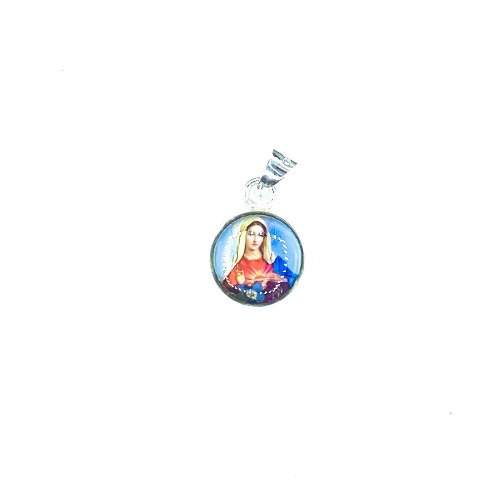 Immaculate Heart of Mary Mini Round Pendant w/ Pressed Flowers 18-inch - Image 2