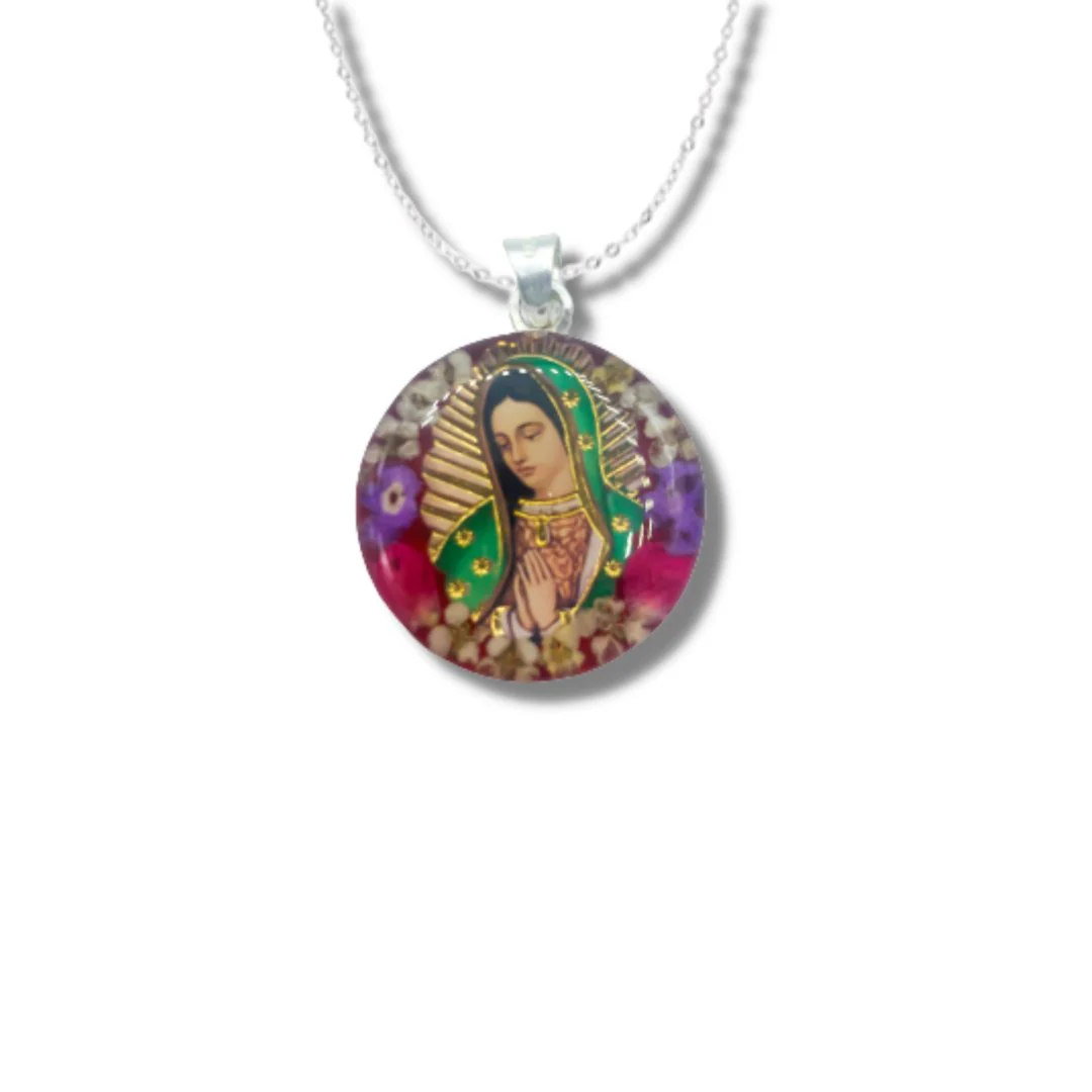 Virgen de Guadalupe Medium Round Pendant w/ Pressed Flowers 18-inch