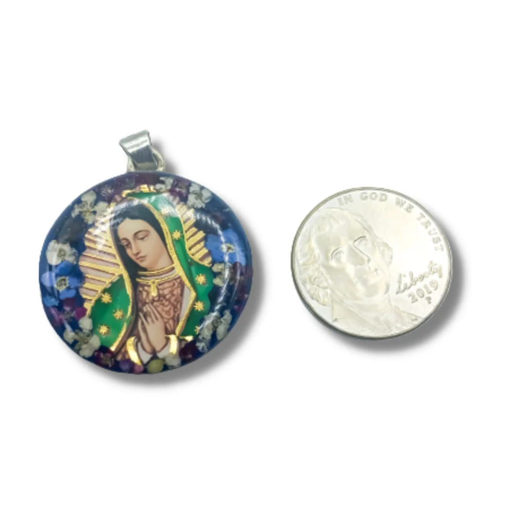 Virgen de Guadalupe Medium Round Pendant w/ Pressed Flowers 18-inch - Image 2