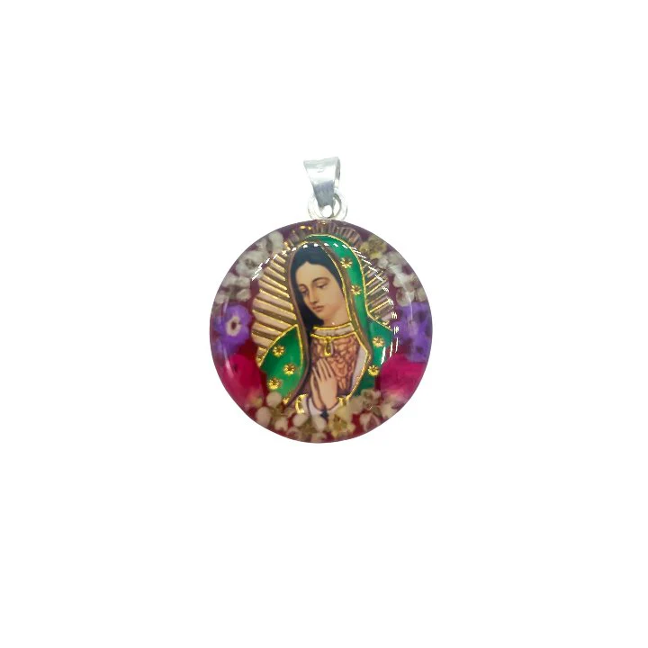 Virgen de Guadalupe Medium Round Pendant w/ Pressed Flowers 18-inch - Image 3