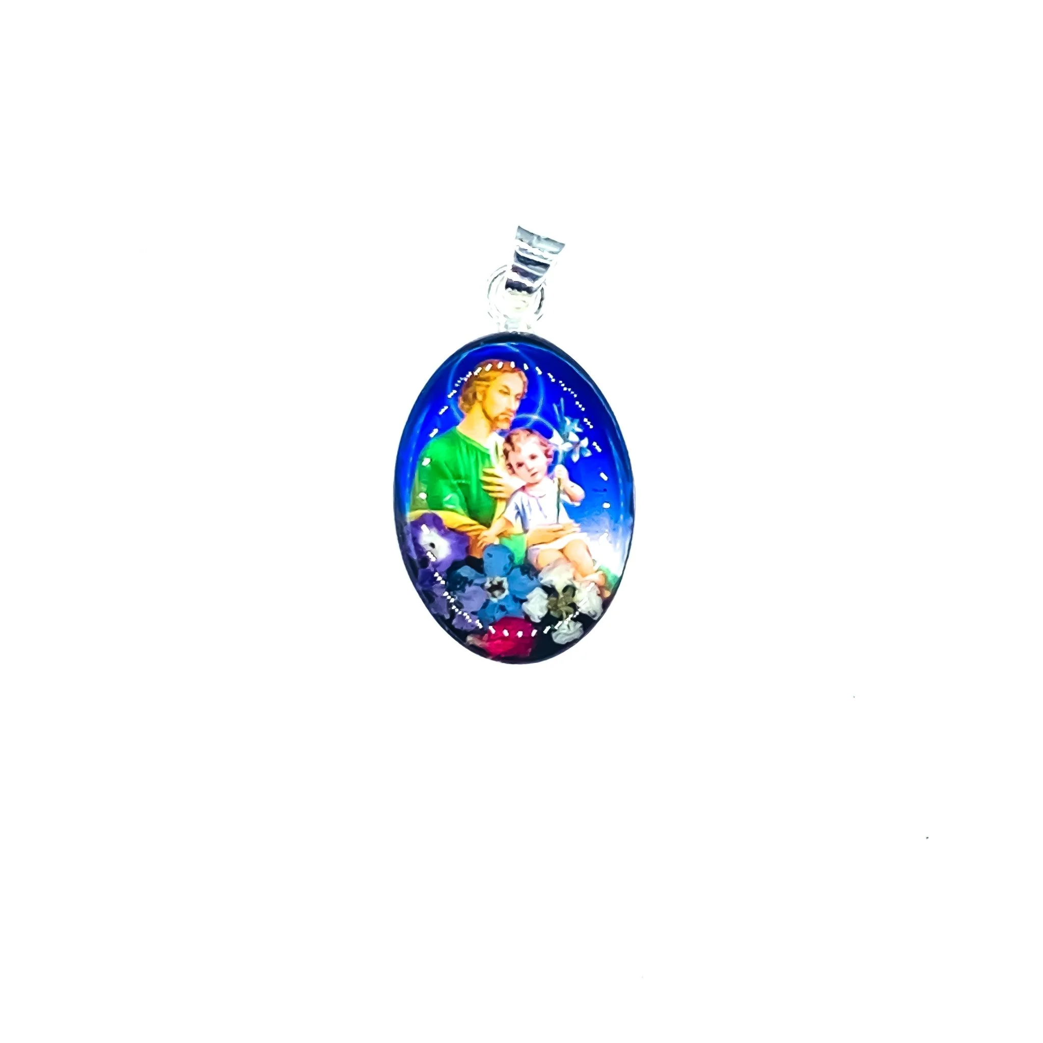 Saint Joseph Small Oval Pendant w/ Pressed Flowers 18-inch - Image 2