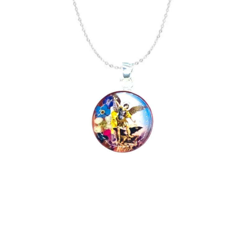 Saint Michael the Archangel Small Round Necklace w/ Pressed Flowers 18-inch