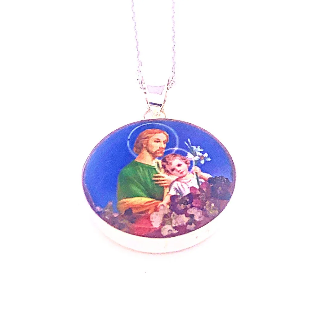 Saint Joseph Small Round Pendant Necklace w/ Pressed Flowers 18-inch - Image 3