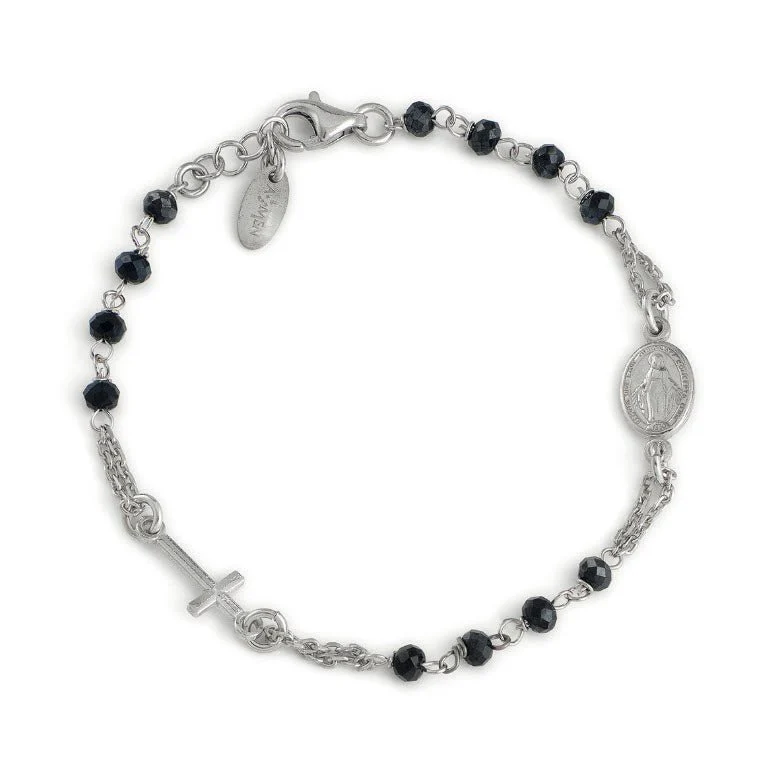 Silver Rosary Bracelet with Black Crystals 7.5