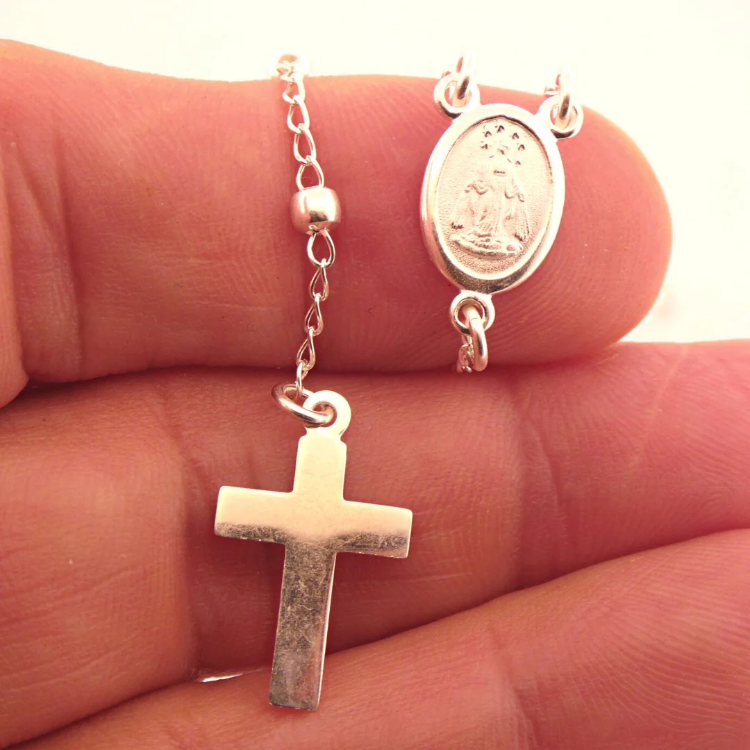 Silver Miraculous Medal Rosary Necklace 18-inch - Image 6