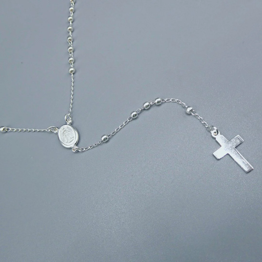 Silver Miraculous Medal Rosary Necklace 18-inch - Image 8