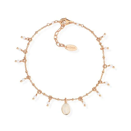 Rose Gold Vermeil Bracelet w/ White Enameled Madonna Charm & Crystals 7.5"
