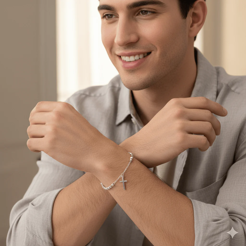 Silver Unisex Rosary Bracelet 7.5" - Image 3