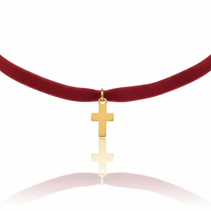 Gold-Plated Mini Cross Velvet Necklace 18-inch