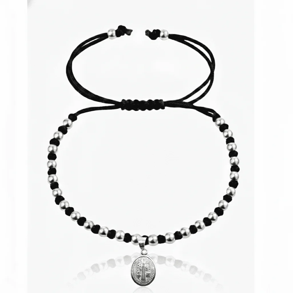 Sterling Silver St Benedict Medal Blessing Bracelet – Black Cord 7.5"