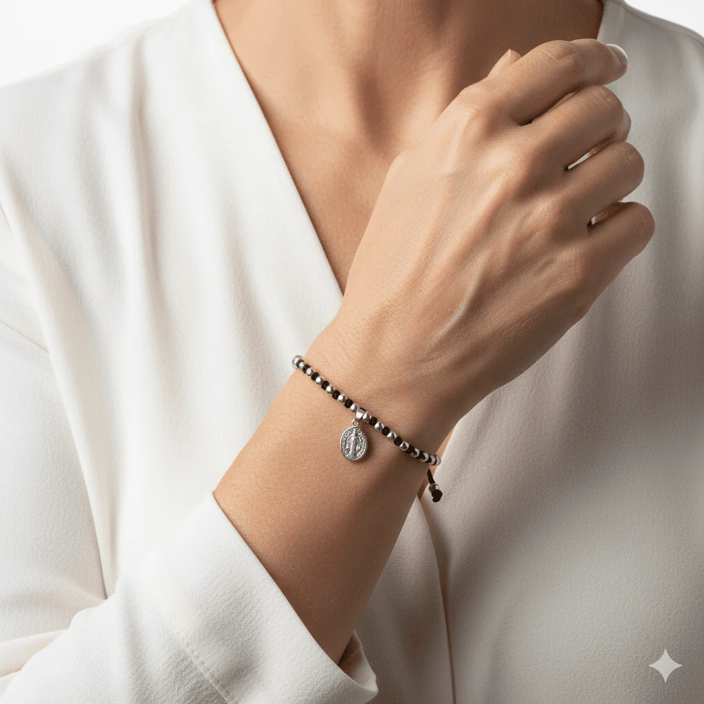 Sterling Silver St Benedict Medal Blessing Bracelet – Black Cord 7.5" - Image 2