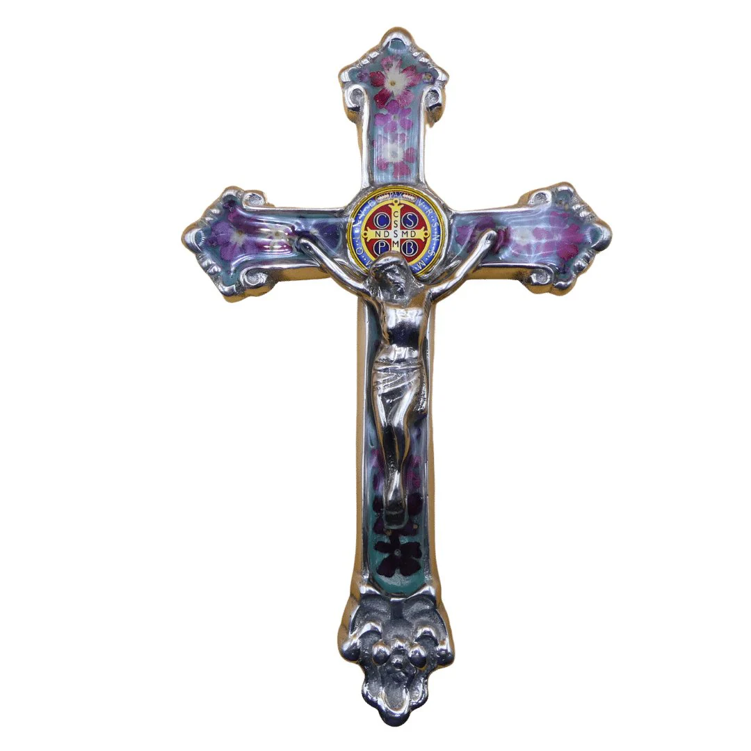Baroque Wall Small Crucifix w/ Pressed Flowers & St. Benedict Medal 7.5" - Image 13