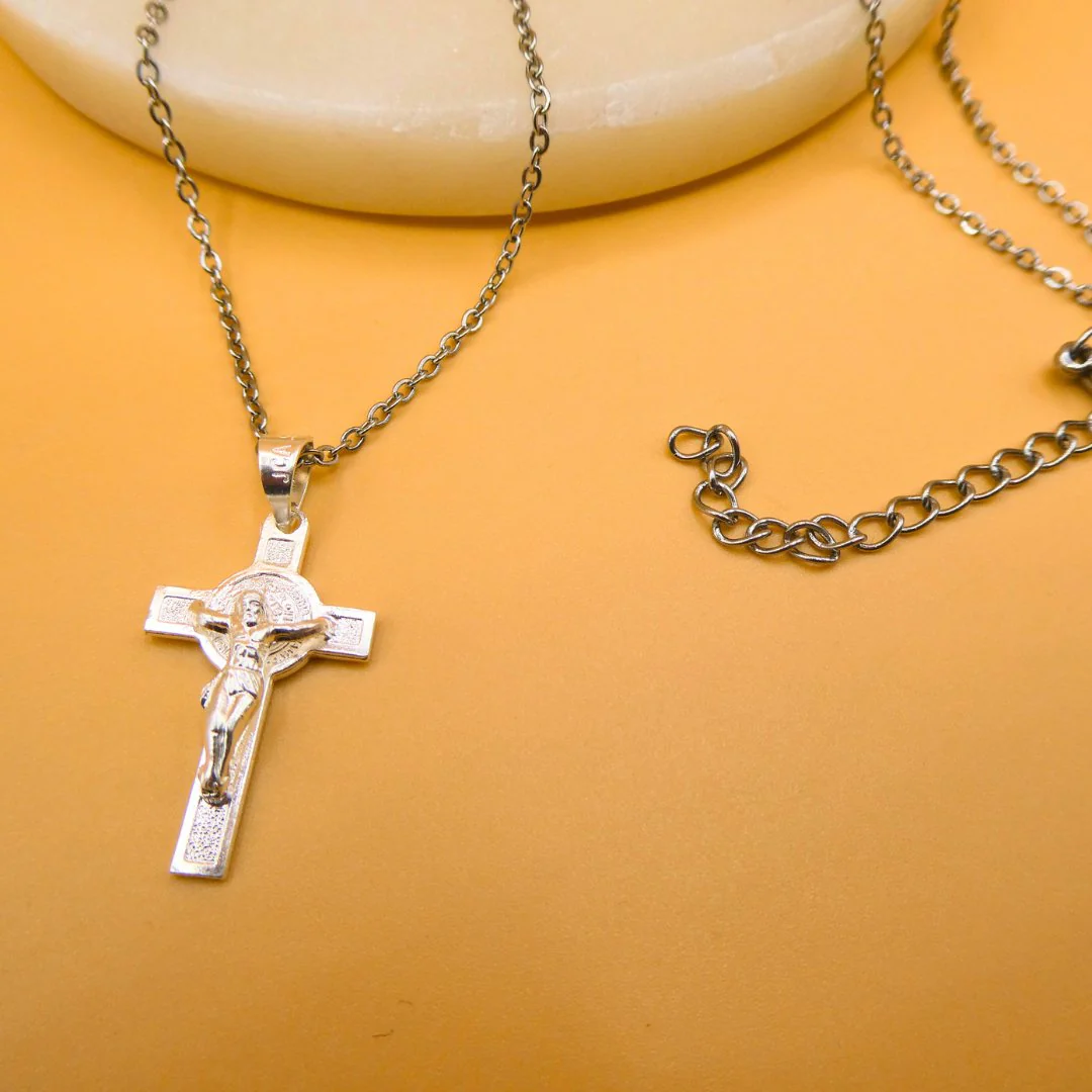 Silver Mini Saint Benedict Crucifix Necklace 18" - Image 3
