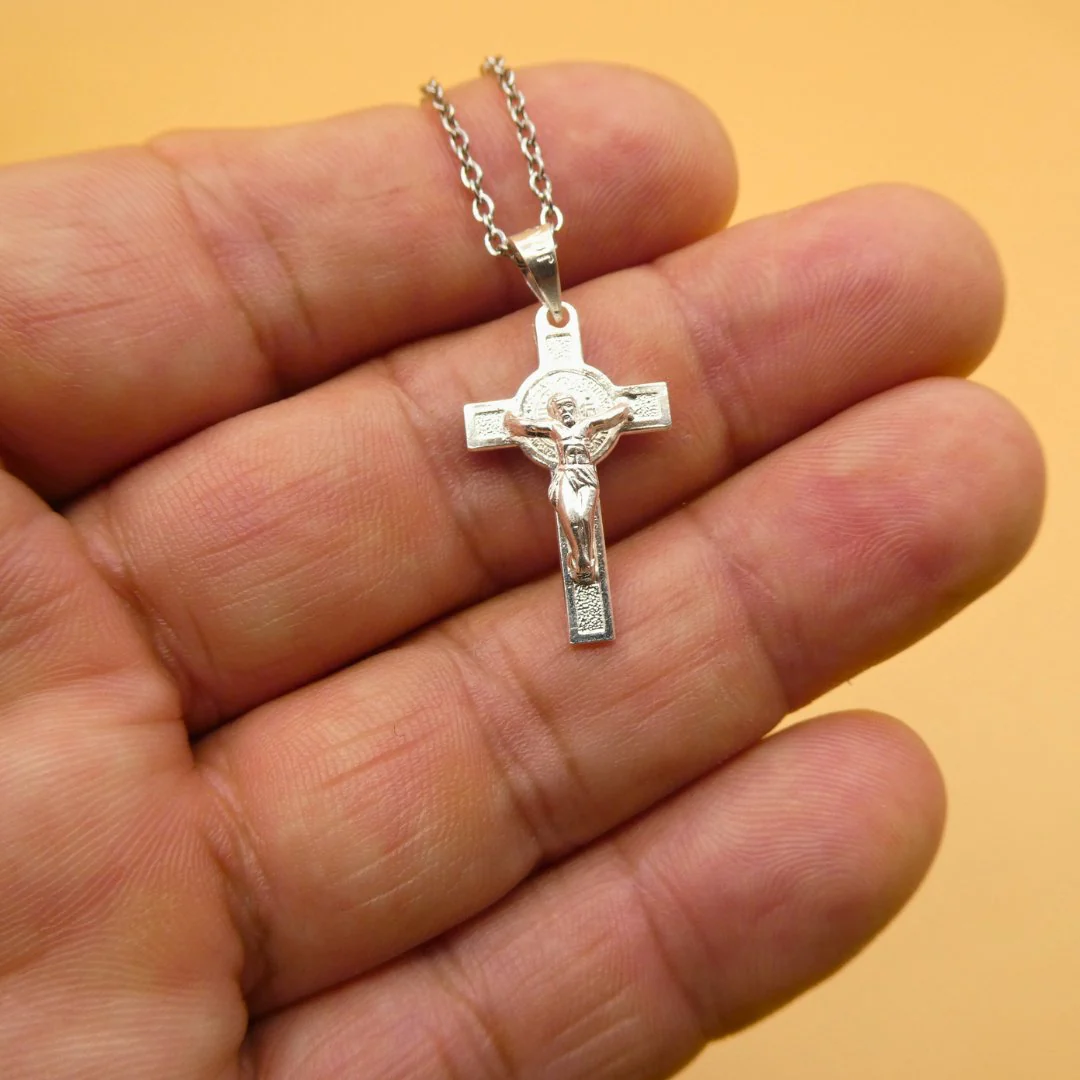 Silver Mini Saint Benedict Crucifix Necklace 18" - Image 4