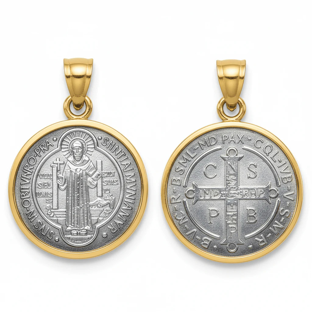 Silver 14k Gold Bezel St Benedict Medal Pendant 0.8" - Image 4