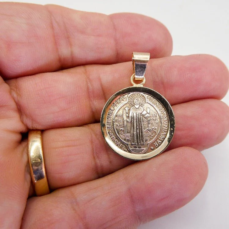 Silver 14k Gold Bezel St Benedict Medal Pendant 0.8" - Image 5