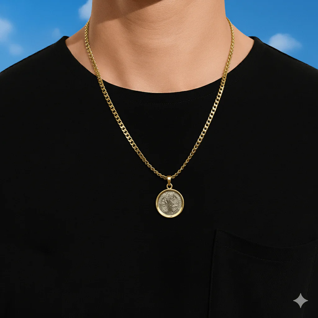 Silver 14k Gold Bezel St Benedict Medal Pendant 0.8" - Image 8