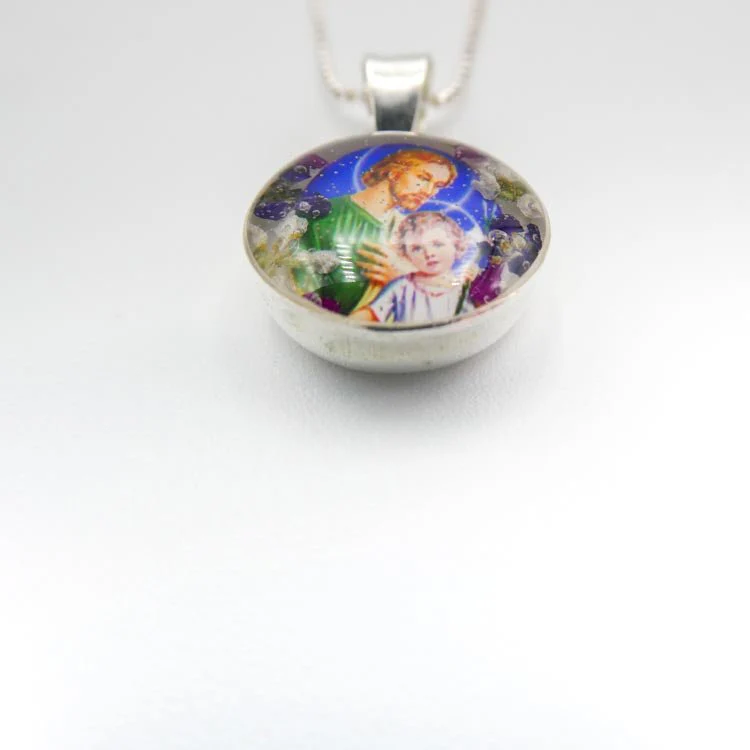 Saint Joseph Mini Round Pendant w/ Pressed Flowers 18-inch - Image 4