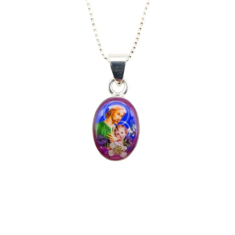 Saint Joseph Mini Oval Pendant w/ Pressed Flowers 18-inch