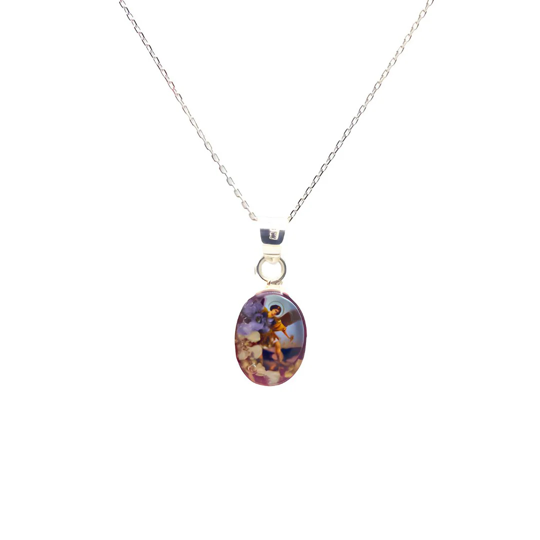 Saint Michael the Archangel Mini Oval Necklace w/ Pressed Flowers 18-inch