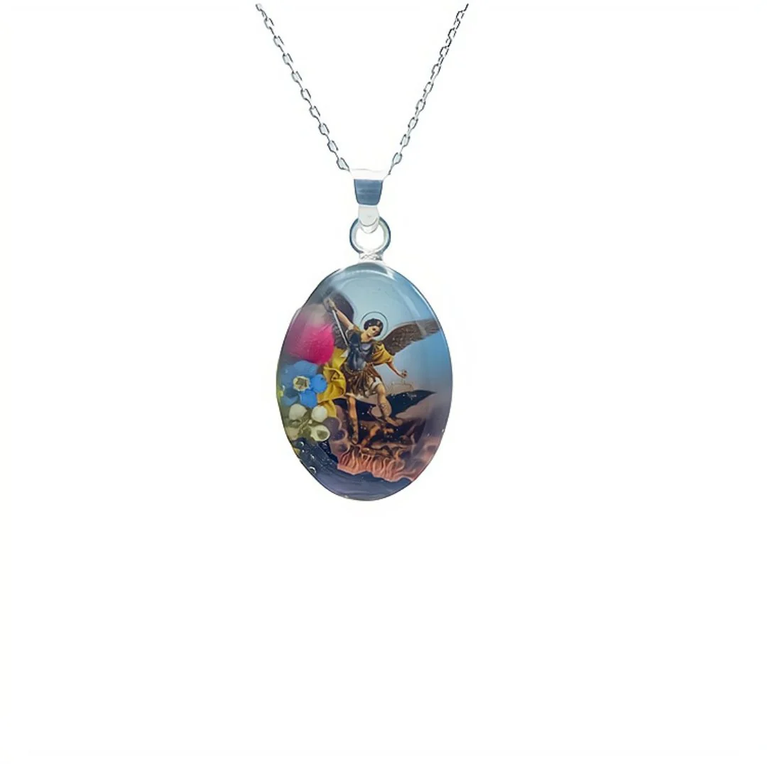 Saint Michael the Archangel Small Oval Pendant Necklace w/ Pressed Flowers 18-inch