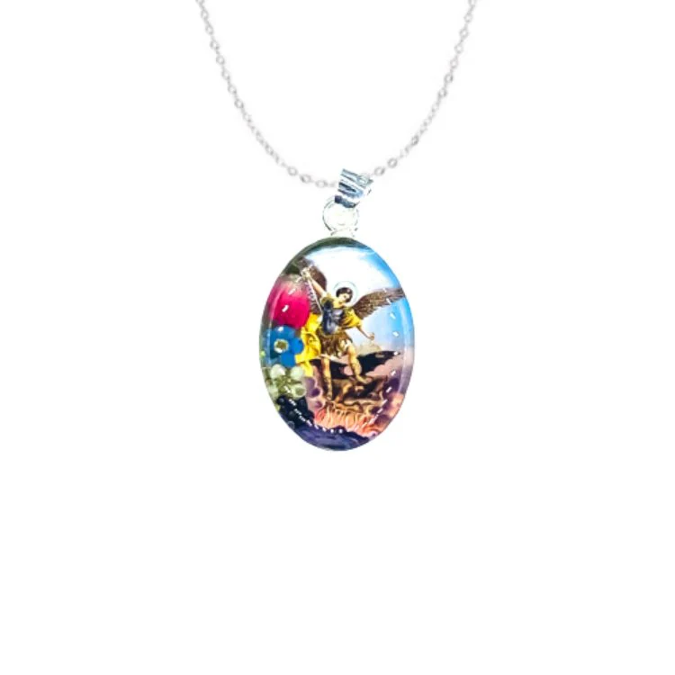 Saint Michael the Archangel Small Oval Pendant Necklace w/ Pressed Flowers 18-inch - Image 2