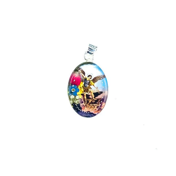 Saint Michael the Archangel Small Oval Pendant Necklace w/ Pressed Flowers 18-inch - Image 3