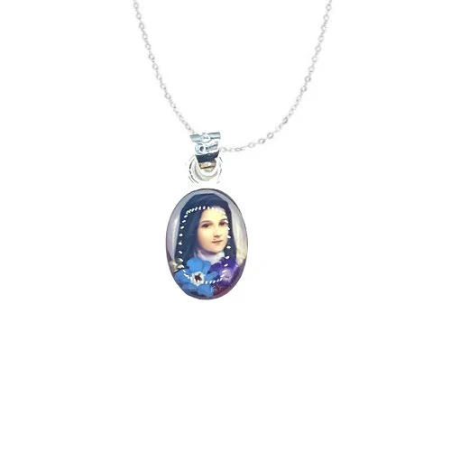 Saint Therese of Lisieux Mini Oval Pendant w/ Pressed Flowers 18-inch