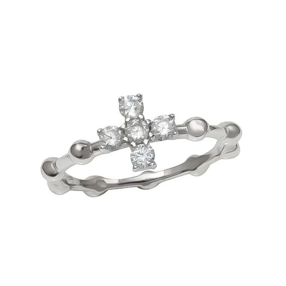 Silver Beaded Cross Ring w/ Zirconias