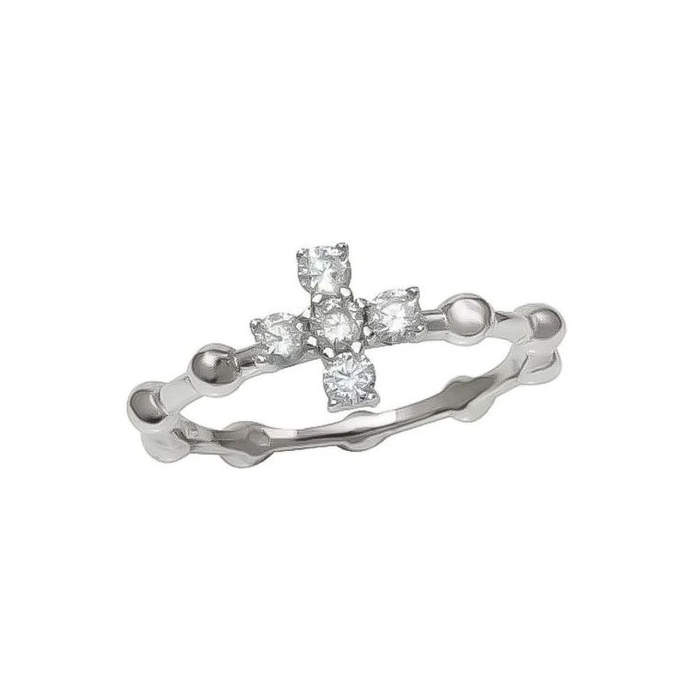 Silver Beaded Cross Ring w/ Zirconias - Image 2