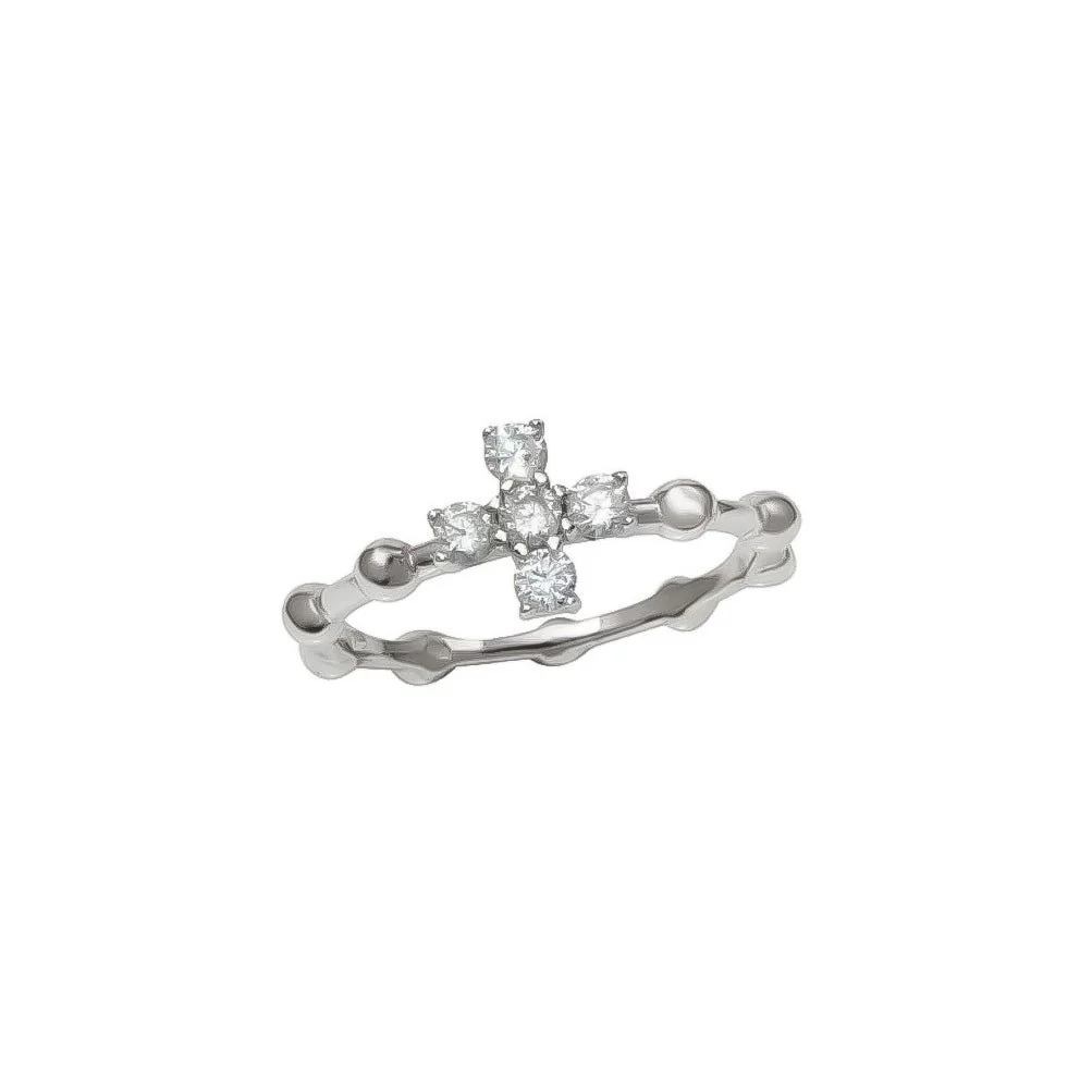 Silver Beaded Cross Ring w/ Zirconias - Image 3
